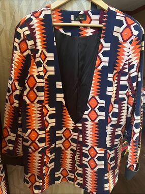 D'Yanu Navy Geometric Open-Front Blazer